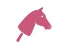 Jednoduchá ružová silueta konskej hlavy na tyči, pripomínajúca klasickú hračku Hobby Horse, na bielom pozadí.