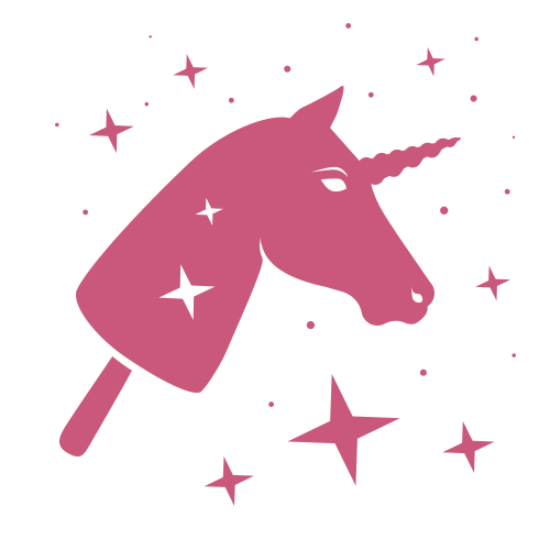 Ružová ilustrácia hlavy jednorožca spojenej s nanukom, obklopená rôznymi trblietavými hviezdami na svetlom pozadí.