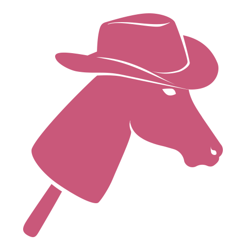 Jednoduchá ilustrácia hračky Hobby Horse s kovbojským klobúkom, nakreslená plnou ružovou farbou na svetlom pozadí.