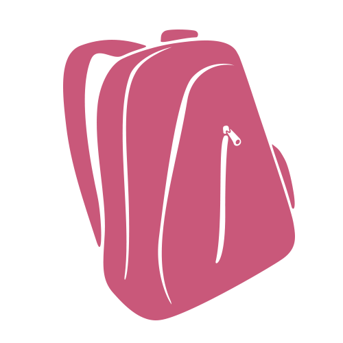 Ilustrácia ružového batoha s viditeľným vreckom na zips a ramennými popruhmi na svetlosivom pozadí.