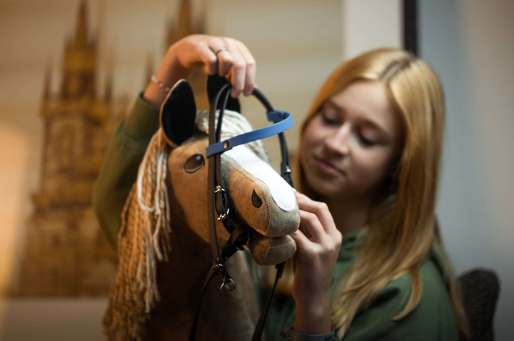 Mladé blond dievča nasadzuje uzdečku svojmu Hobby Horse, plyšovej hračke s béžovou hrivou. Sústredí sa a zľahka sa usmieva, zatiaľ čo si v jemne rozostrenom interiéri užíva umenie Hobby Horsingu.