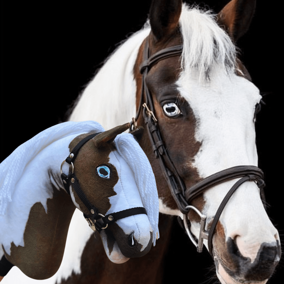 Skutočný kôň s čiernobielou hlavou stojí vedľa zákazkového Hobby Horse LarDen „Hobby Horse Koník podľa fotografie“, obaja s uzdečkami, na čiernom pozadí.