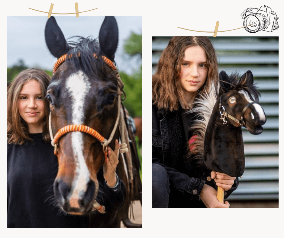 Na jednej fotografii stojí dievča s dlhými hnedými vlasmi vedľa hnedého koňa, na druhej drží personalizovaný „Hobby Horse Koník podľa fotografie“ od Hobby Horse LarDen. Na oboch pózujú do fotoaparátu a zľahka sa usmievajú.