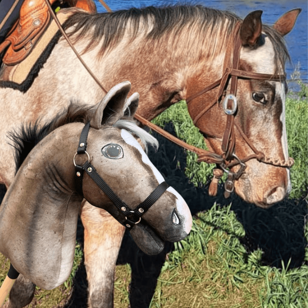 Osoba drží loutku Hobby Horse LarDen „Hobby Horse Koník podle fotografie“, vytvořenou podle skutečného koně s uzdečkou, před odpovídajícím koněm stojícím na trávě u vody.