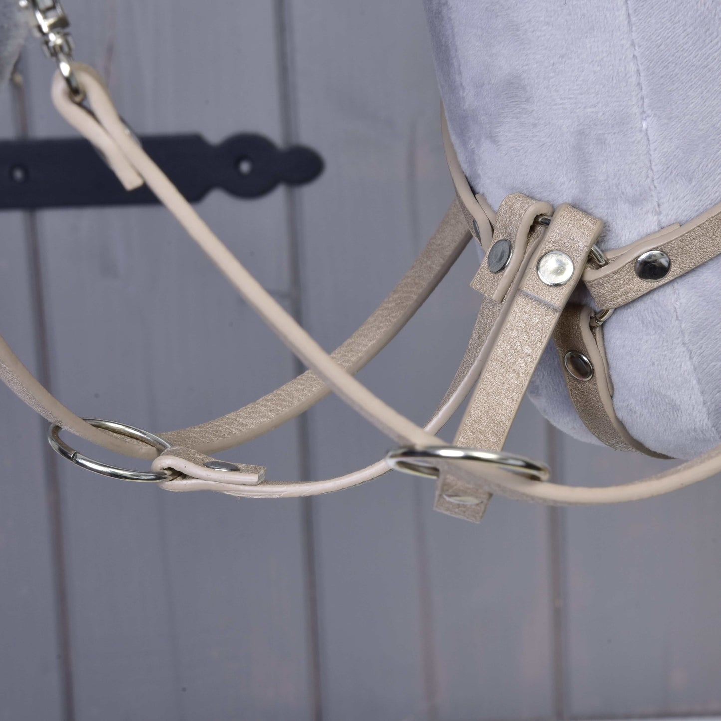 Detail koženkového setu Bordeaux – uzdečka, opraty a martingal – od Hobby Horse LarDen s kovovými krúžkami na sivej plyšovej hlave Hobby Horse pred dreveným pozadím s čiernym dekoratívnym pántom.