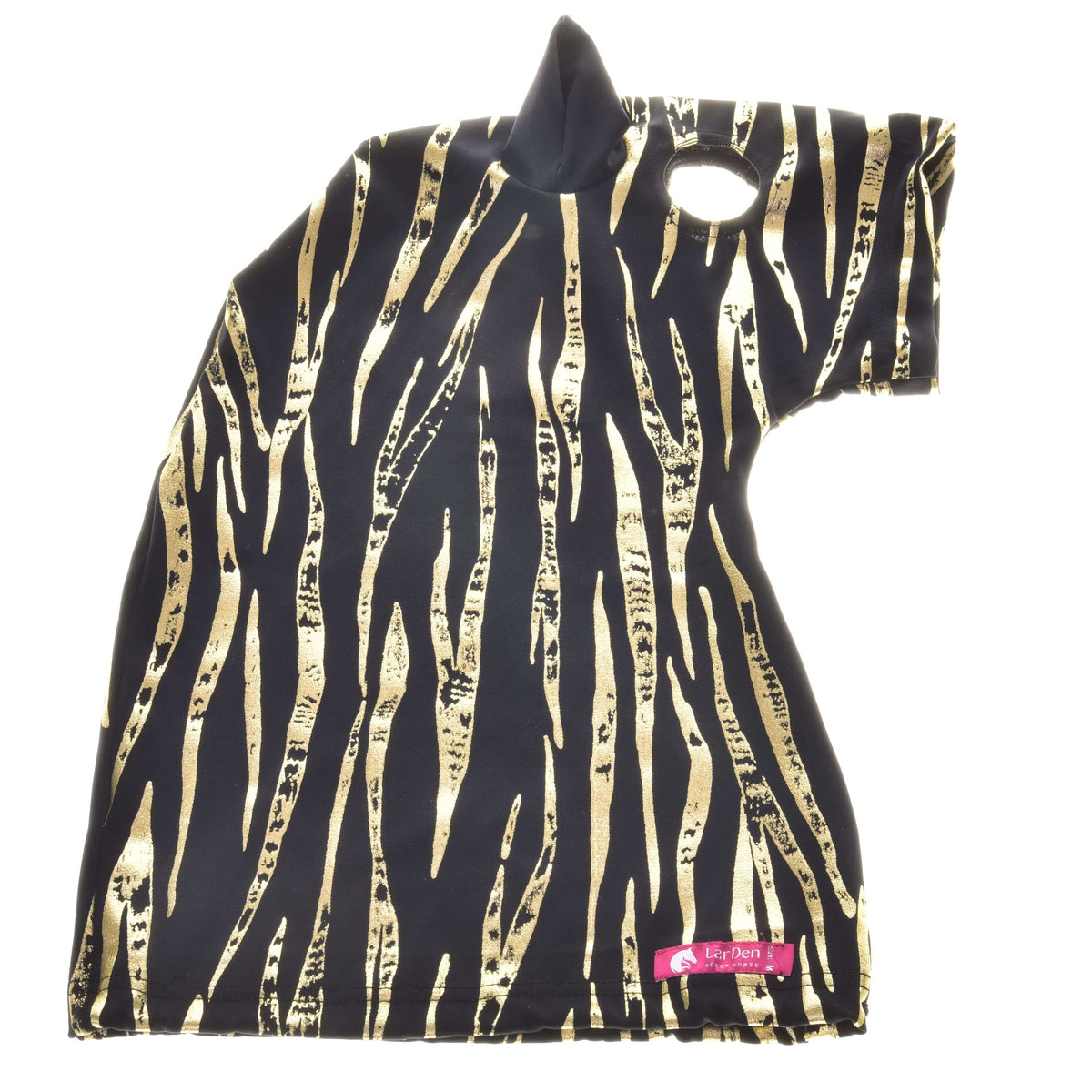 Hobby Horse LarDen ochranný oblek Zebra Gold (Lycra), čierne tričko pre maznáčikov s lesklými zlatými pruhmi zebry, otvorom na hlavu, malým golierom s detailom uší a ružovým štítkom „By Petti“ pri spodnom okraji, ideálne pre štýlovú ochranu.