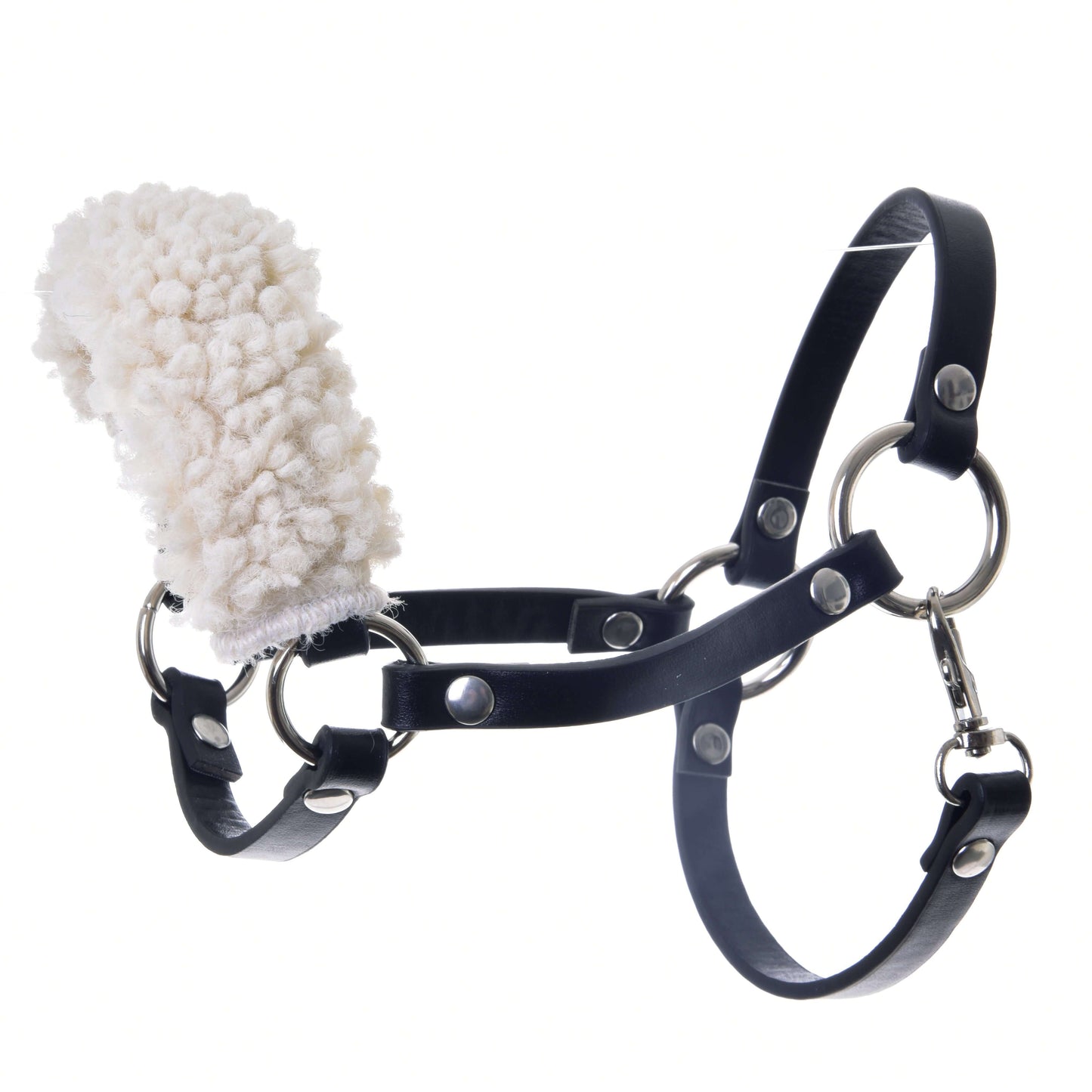 Hobby Horse LarDen Set Basic je čierna kožená ohlávka s podšitím nánosníka z jahňacieho fleecu, kovovými krúžkami a cvočkami pre odolnosť – ideálna do každej zbierky Hobby Horse, zobrazená na bielom pozadí.