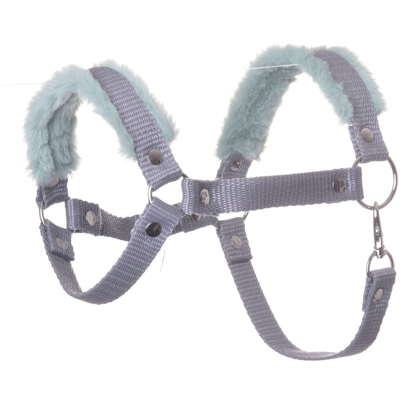 Ohlávka sivá s mint barančekom od Hobby Horse LarDen je nylonový doplnok s mäkkou mint umelou kožušinou, nastaviteľnými remienkami, kovovými krúžkami a patentkami – ideálna ako ohlávka pre Hobby Horse alebo postroj pre zviera.