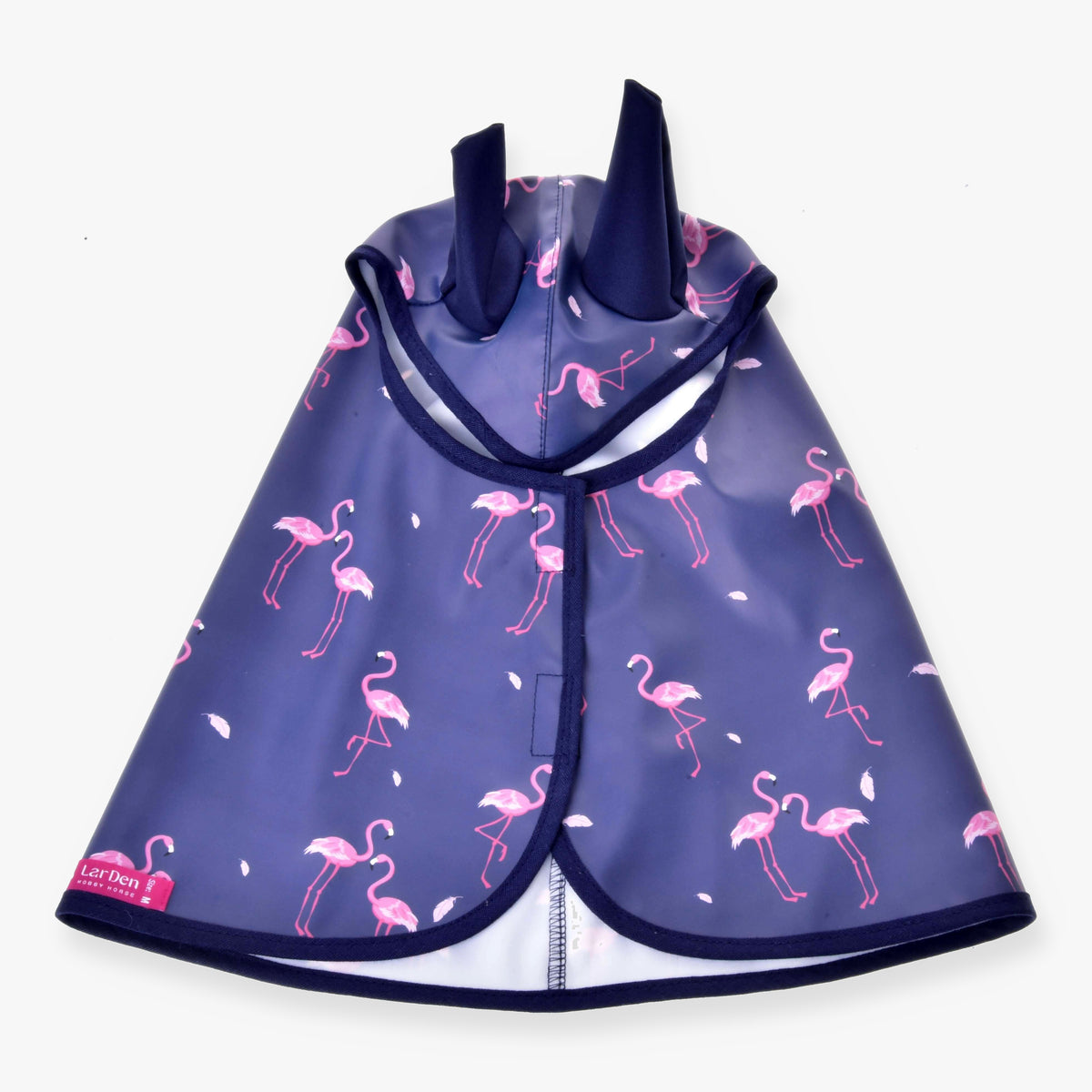 Pláštenka pre Hobby Horse Flamingo od LarDen z fialového PES s ružovou potlačou plameniakov a otvormi na uši