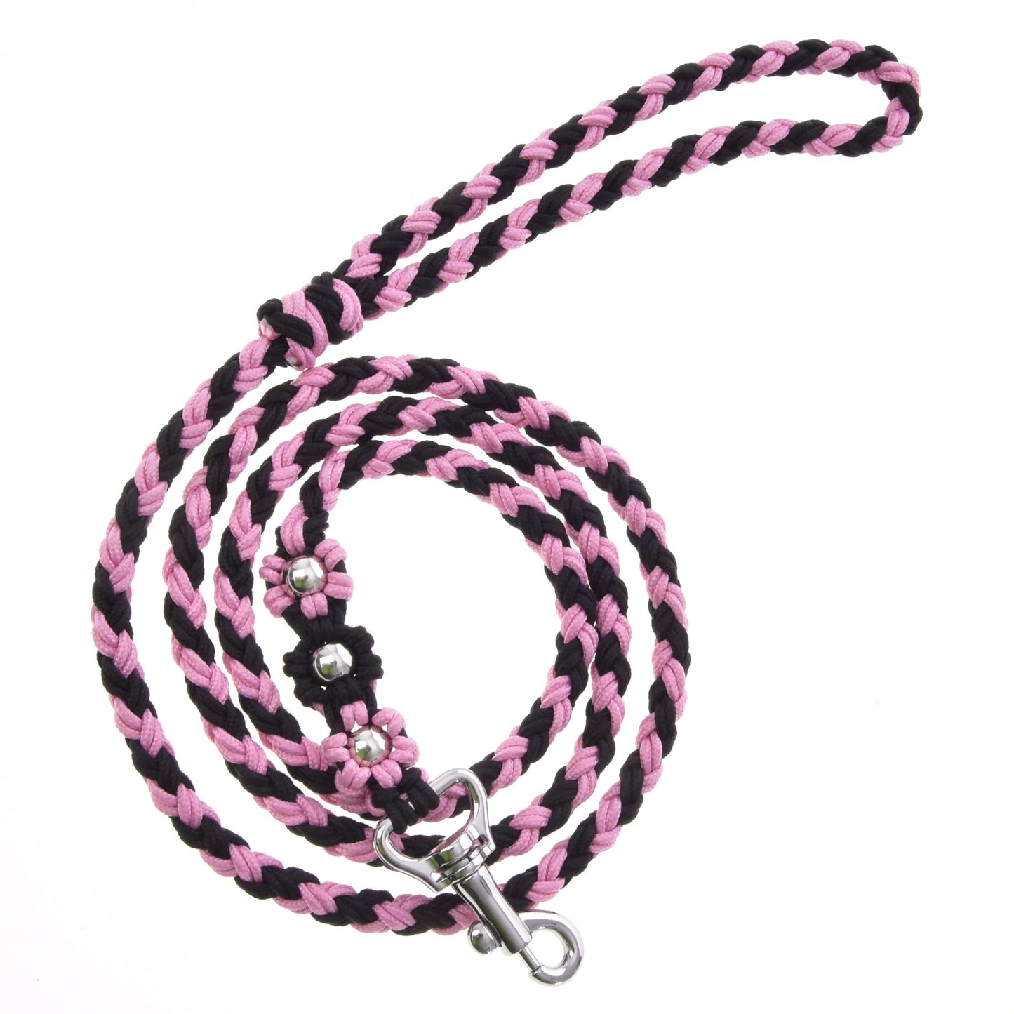 Hobby Horse - vodidlo Bloom Pink od Hobby Horse LarDen, štýlové ružovo-čierne pletené vodidlo s kovovou karabínou a ozdobnými striebornými korálikmi, ideálne na vedenie alebo lonžovanie tvojho Hobby Horse.
