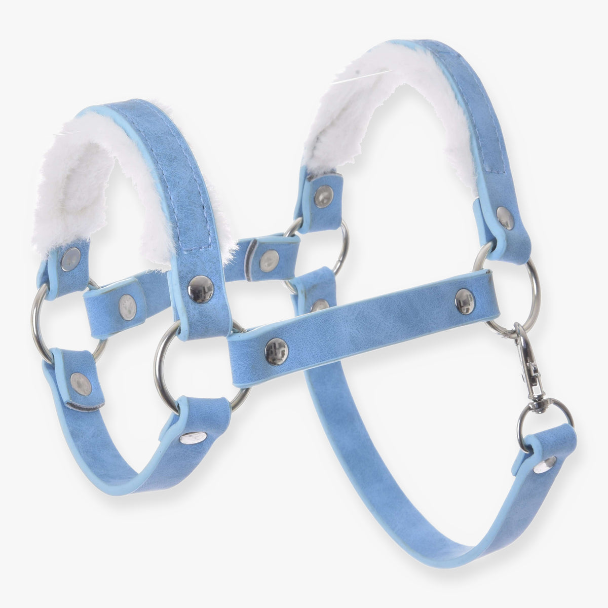 Ohlávka Hobby Horse s kožušinou z koženky Pastell Blue od LarDen s bielou umelou kožušinou a strieborným kovaním