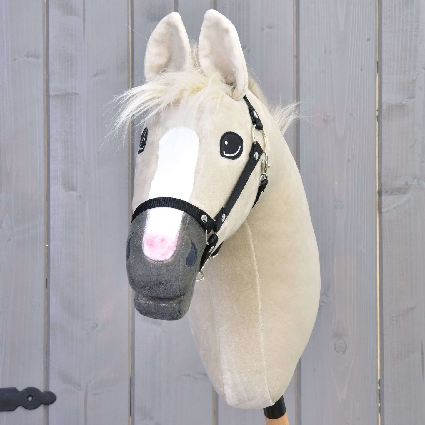 Hobby Horse Pixie s čiernou ohlávkou od Hobby Horse LarDen, s béžovou srsťou, bielou lysinou, svetlou hrivou a jemným metalickým leskom, pred sivým dreveným plotom.