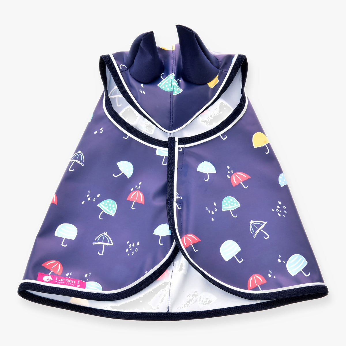Pláštenka pre Hobby Horse Rainy od LarDen z modrého PES s pestrofarebnou potlačou dáždnikov a tmavým lemovaním