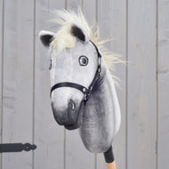 Front view of the grey Silver Dream Hobby Horse with shaded dark muzzle, fluffy cream mane and black nylon halter