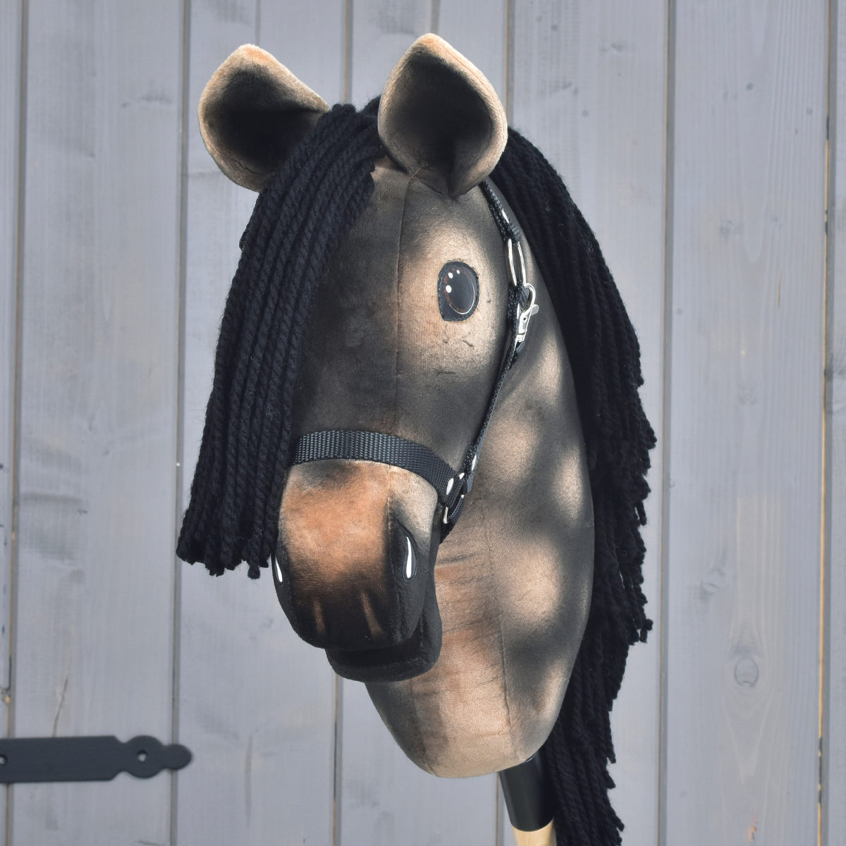 Hobby Horse Stormy with Black Halter od Hobby Horse LarDen, realistický grošovaný sivý hannoverský žrebec s čiernou priadzovou hrivou a hnedou plyšovou hlavou na tyči, pred svetlosivou drevenou stenou