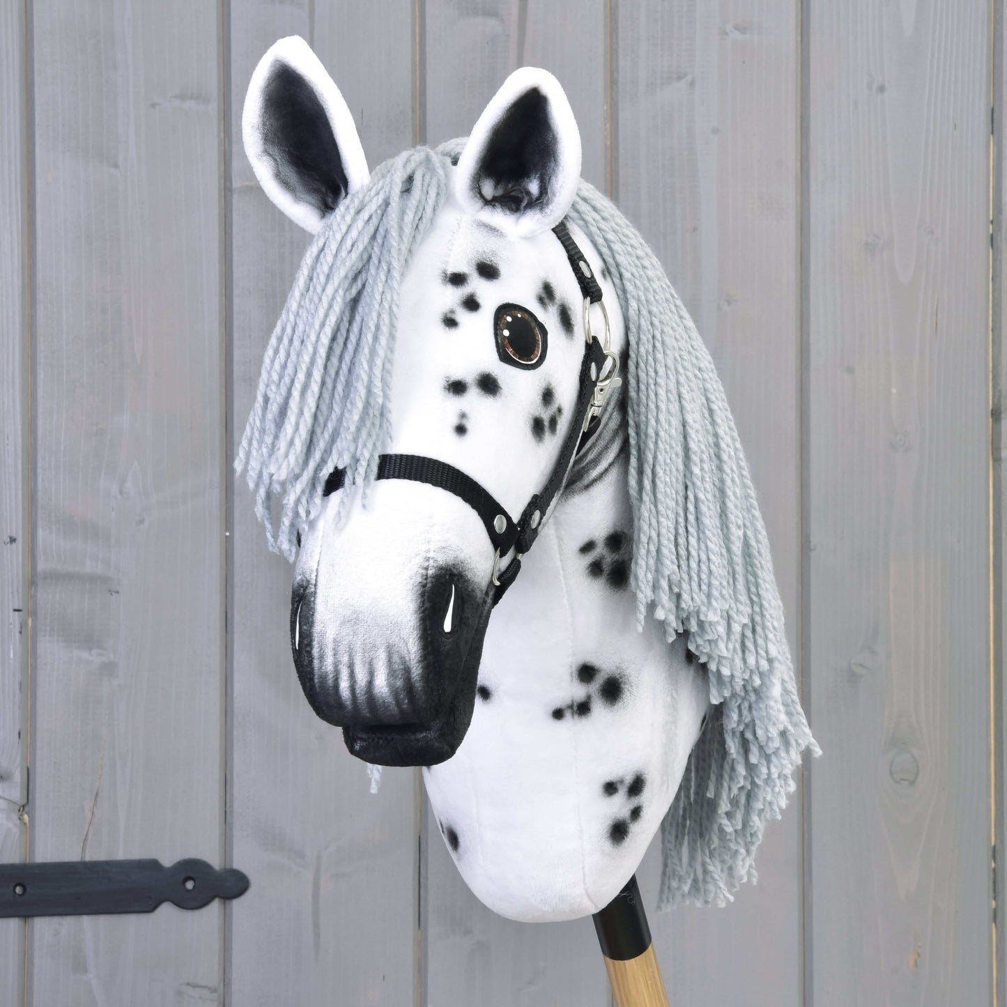Hobby Horse Chantal s čiernou ohlávkou od Hobby Horse LarDen je ručne vyrobená kobyla inšpirovaná plemenom knabstrupper, s bielou tvárou, čiernymi škvrnami, dlhou sivou hrivou a na drevenej tyči pred sivou stenou.