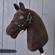 Build your horse by related_to_12441055625556 features a dark brown hobby horse head with expressive eyes and a black bridle on a wooden stick, set against gray panels—ideal for anyone wanting a unique, character-filled custom hobby horse.