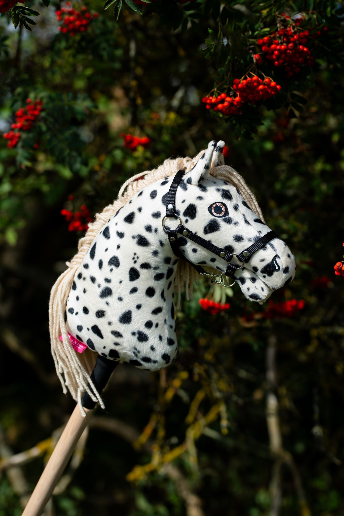 Hobby Horse Lord Valentine with Black Halter od Hobby Horse LarDen pred jarabinou s trsmi červených bobúľ, s bielou plyšovou hlavou s čiernymi leopardími škvrnami, krémovou priadzovou hrivou a čiernou ohlávkou so strieborným kovaním