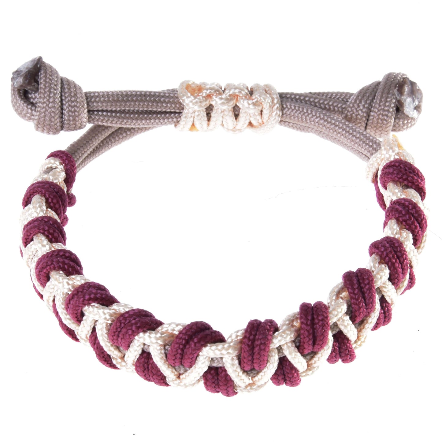 Náramok Eleganza od Hobby Horse LarDen tvoria vínové a biele pletené šnúrky so sivými nastaviteľnými koncami v silnom textúrovanom uzlovanom prevedení – ideálny doplnok pre fanúšikov tvorby povrazových setov a nadšencov do Hobby Horse.