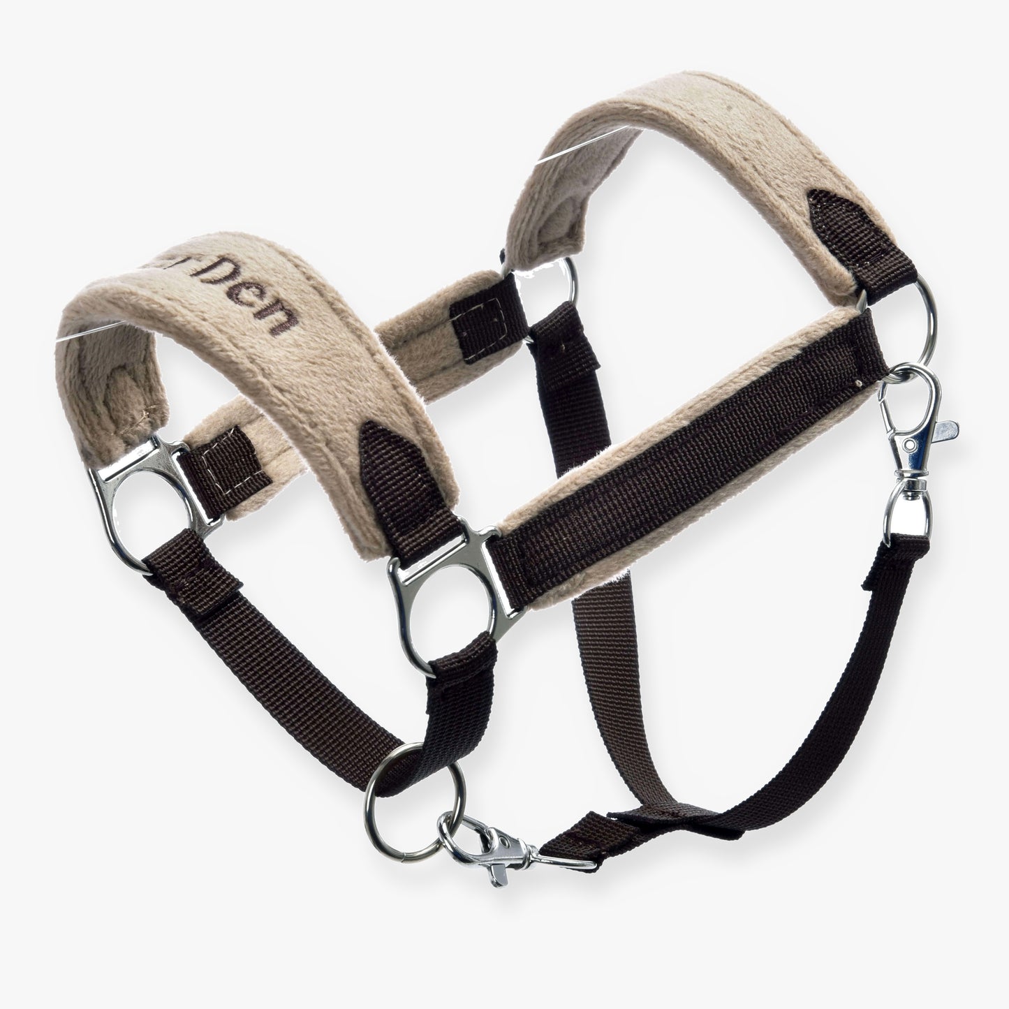 Ohlávka s barančekom LarDen Brown od Hobby Horse LarDen, polstrovaná ohlávka v béžovej a hnedej farbe s kovovými krúžkami a karabínami, mäkkým fleecovým nánosníkom, nastaviteľnými popruhmi a pohodlnou podšívkou pre komfort zvieraťa.