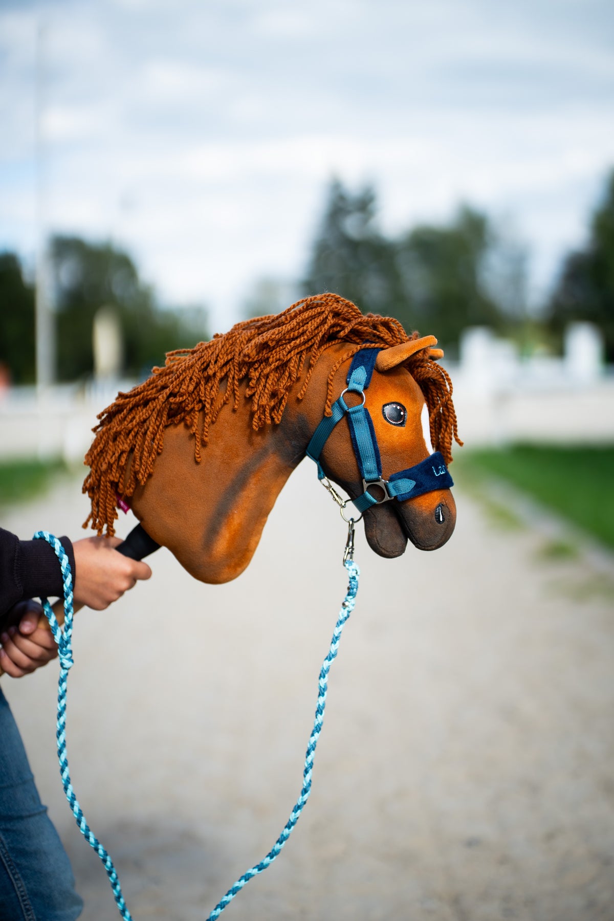 Vodítko Hobby Horse Bloom Blue pripevnené k ryšavému Hobby Horse s modrou ohlávkou vonku