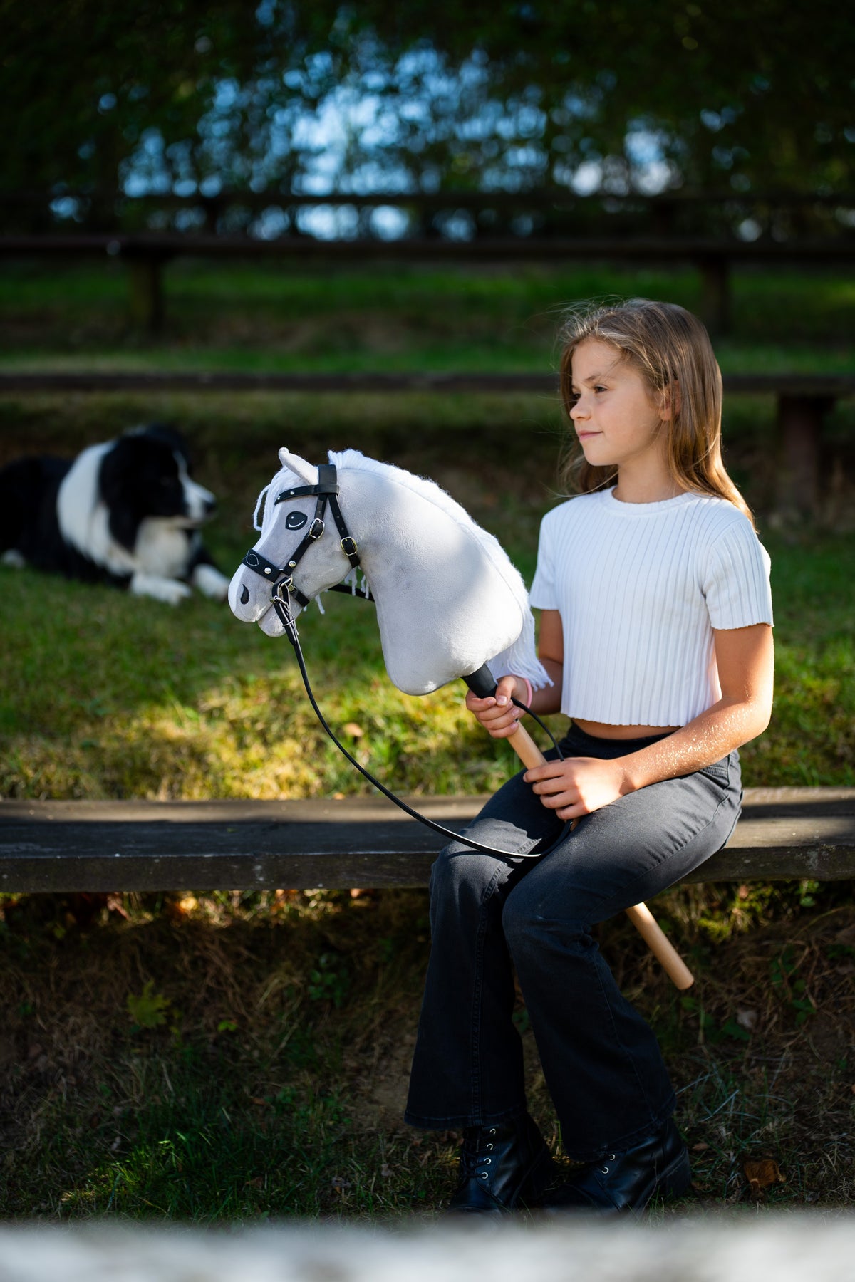 Dievča v bielom tričku sedí na záhradnej lavičke vo večernom slnku a drží Hobby Horse Popcorn with Black Halter od LarDen, za ním odpočíva border kólia – biela plyšová hlava s bielou priadzovou hrivou – so zdobenou bezudidlovou uzdečkou