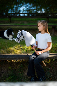 Dievča v bielom tričku sedí na záhradnej lavičke vo večernom slnku a drží Hobby Horse Popcorn with Black Halter od LarDen, za ním odpočíva border kólia – biela plyšová hlava s bielou priadzovou hrivou – so zdobenou bezudidlovou uzdečkou