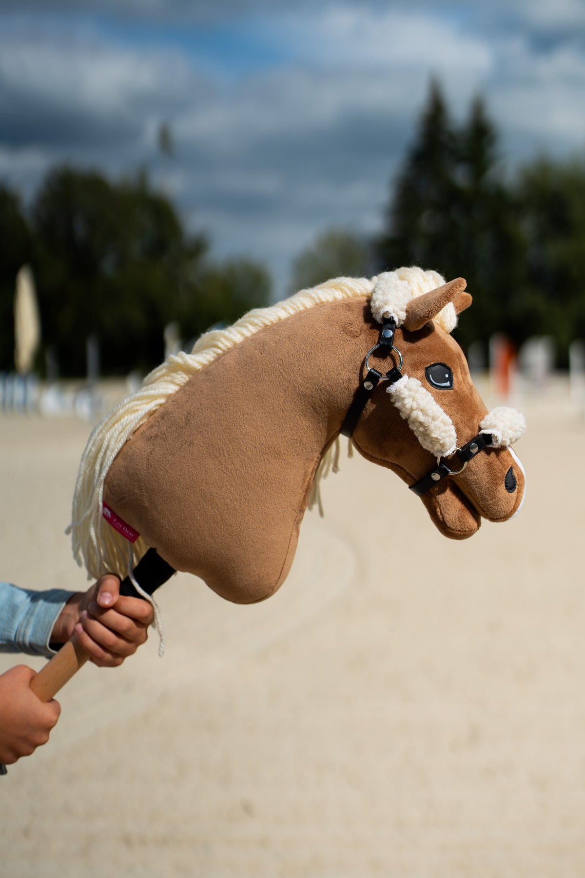 Hobby Horse Smart s čiernou ohlávkou vonku, s hnedou plyšovou hlavou, čiernou ohlávkou a drevenou tyčou