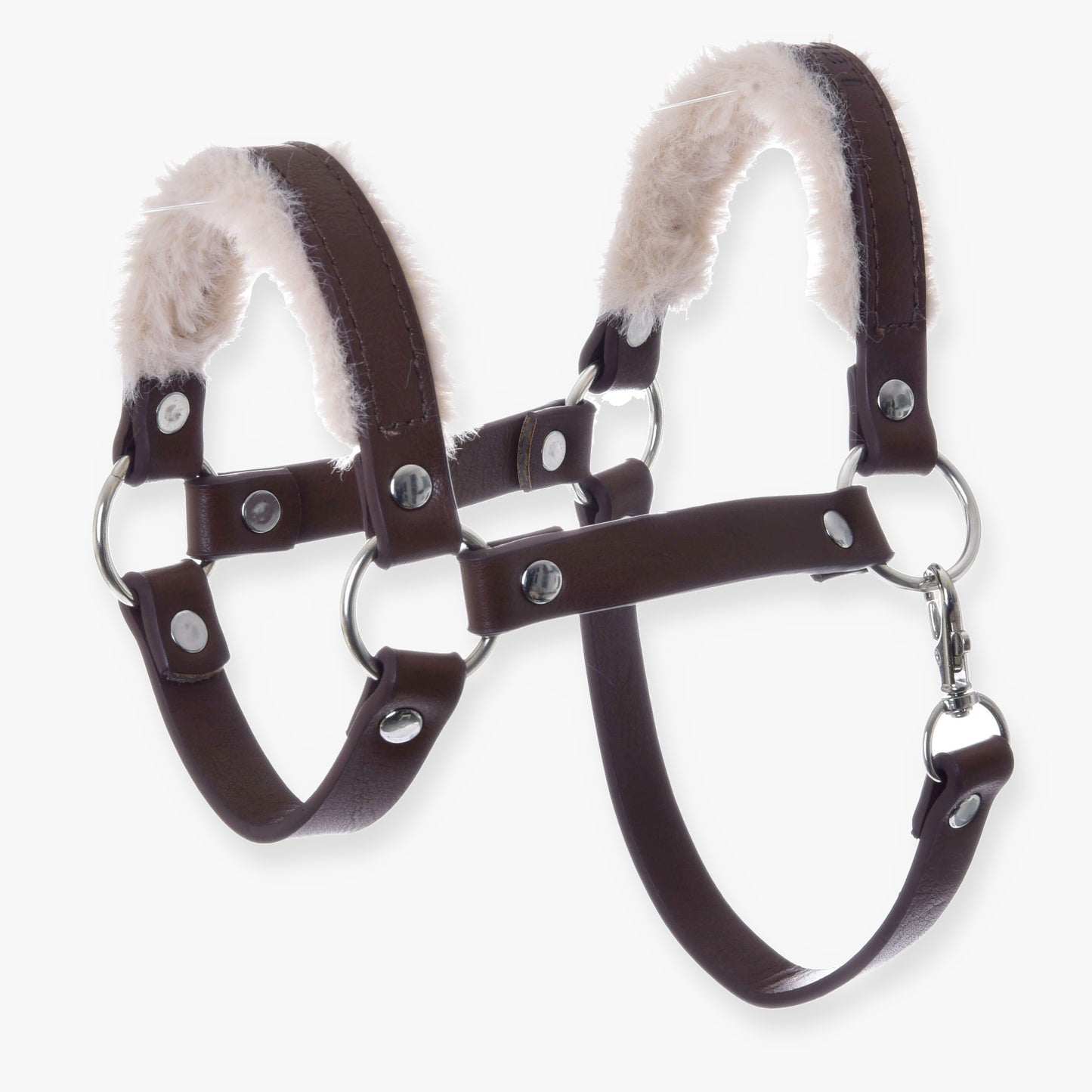 Ohlávka s barančekom z koženky Walnut od Hobby Horse LarDen má hnedú koženku s kovovými prackami a krúžkami a mäkký béžový fleece na nánosníku a nátylníku pre pohodlie – ideálna štýlová ohlávka pre Hobby Horse.
